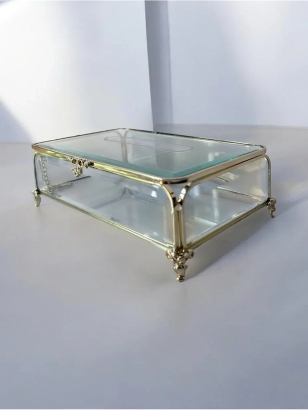 Glass Jewelry Display Box with Gold Frame vintage style